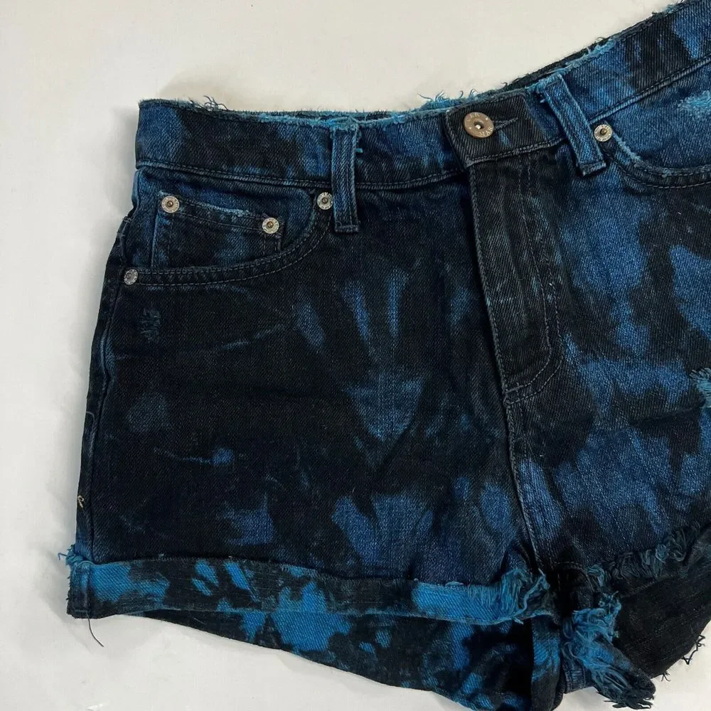 CARMAR Blue Black Tie Dye Cut Off Shorts Size 28 Jean Denim Acid Wash Distressed